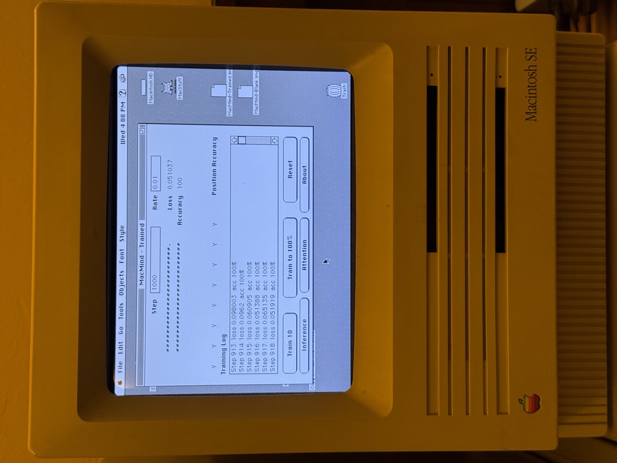 MacMind trained to step 1000 on a Macintosh SE/30
